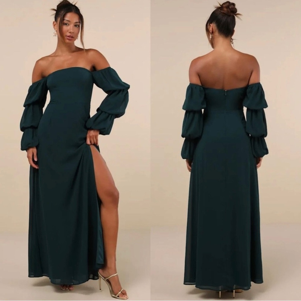Lulus Demure Aura Emerald Tiered Balloon Sleeve Off-the-Shoulder Dress Gown Maxi